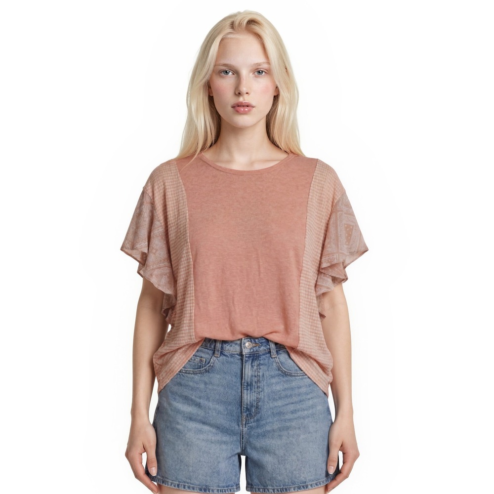 Gigio USA Mixed Media Top Women's Size Medium Peach Gingham Paisley Ruffle